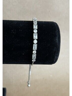 Rhinestone adjustable bracelet with round and rectangle stones -silver tone